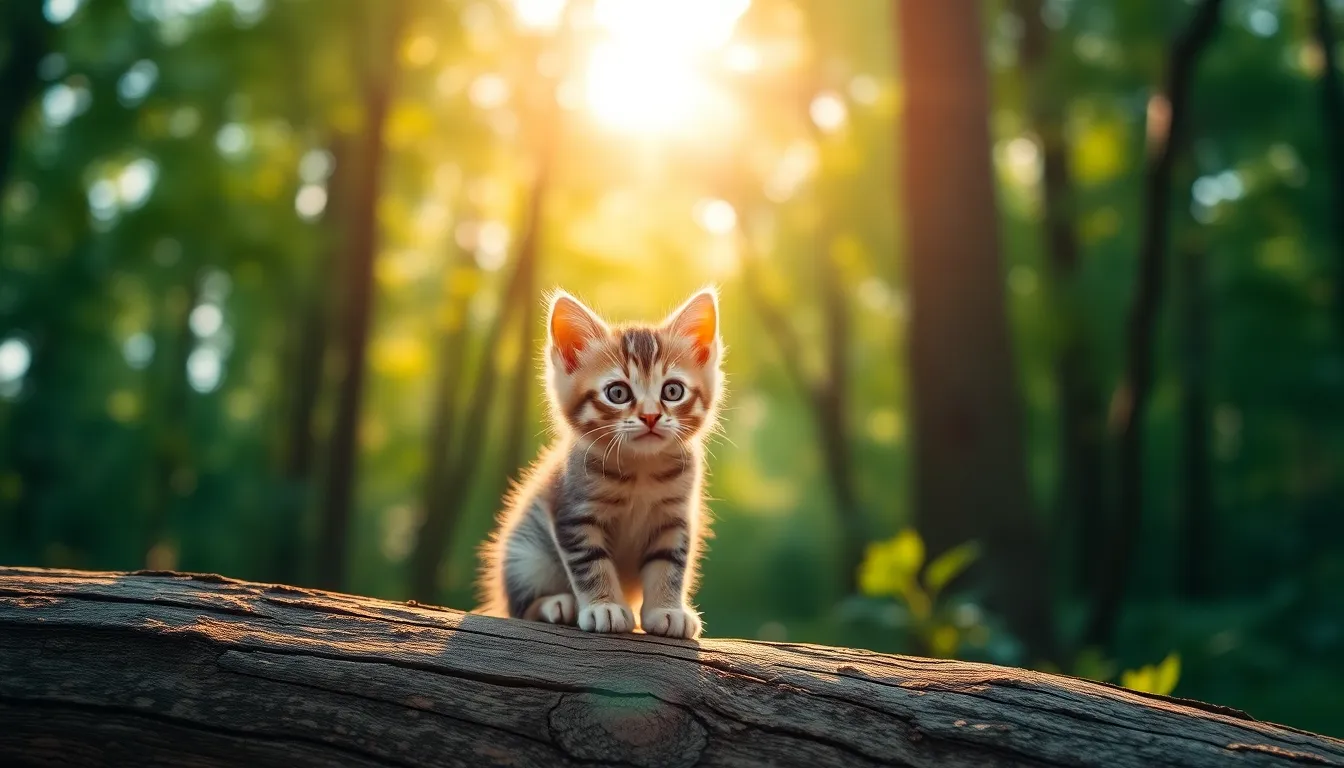 This captivating image features a kitten perched on a log in the heart of a lush forest, illuminated by dappled sunlight filtering through the canopy. The beautiful interplay of teal and orange tones enhances the serene atmosphere. The use of leading lines draws the viewer's eye toward the kitten, celebrating its playful spirit while showcasing the rich textures of nature surrounding it.