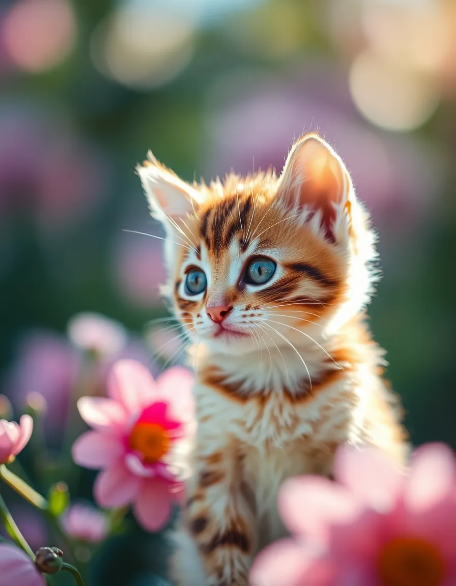 Curious Kitten with Floral Background A curious kitten sits elegantly in a floral environment, its vibrant fur beautifully contrasted against soft, blurred blooms. The afternoon light creates a gentle glow, emphasizing the kitten's delightful expression and playful curiosity. With a closely cropped portrait composition, the image captures the intimate moment between the viewer and the charming pet. This scene exudes warmth and charm, perfect for pet lovers.