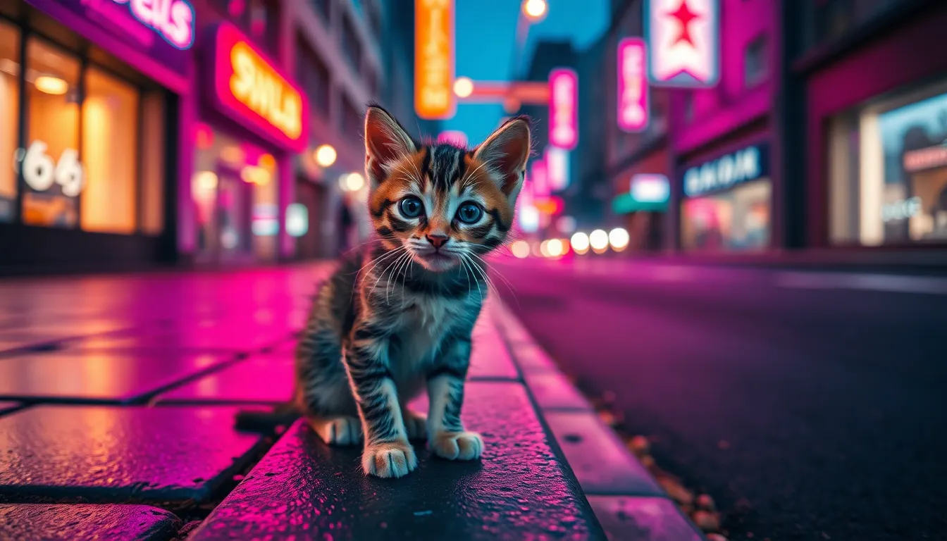 Curious Kitten on Rainy Street Corner A curious kitten perched on a rainy street corner, illuminated by vibrant neon reflections on the wet pavement. The butterfly lighting captures the kitten's expressive face, showcasing its fur glistening in the ambient light. This urban scene contrasts with its playful innocence, creating a captivating blend of textures and colors.