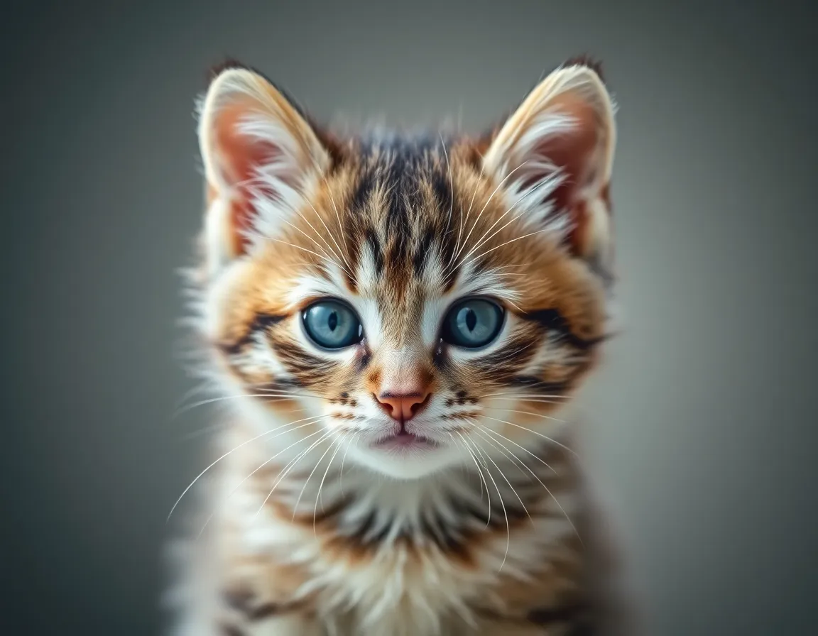 A majestic close-up portrait of a sweet kitten reveals its soft fur, captivating eyes, and delicate whiskers. The studio lighting enhances the natural textures while creating a gentle glow around its features. The muted colors convey a serene and calm mood, making the viewer feel connected to the subject. This intimate capture allows for a detailed appreciation of the kitten's beauty, inviting admiration and affection.