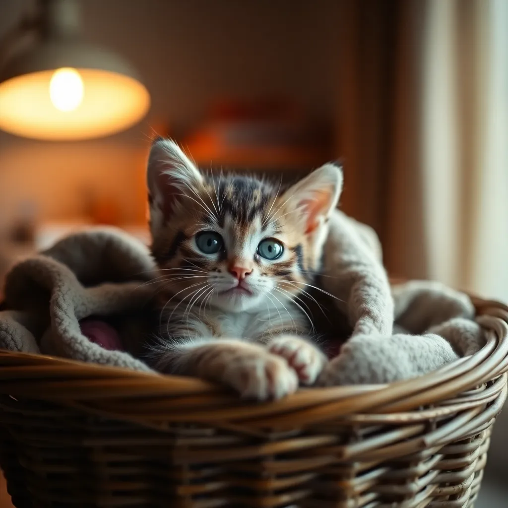 A fluffy white kitten lounges contentedly in a soft basket filled with colorful blankets, basking in the warm glow of a nearby desk lamp. The gentle light highlights the kitten’s delicate features and the textures of the surrounding fabrics. Its playful pose and soft fur texture invite warmth and comfort, making this an inviting indoor pet portrait.