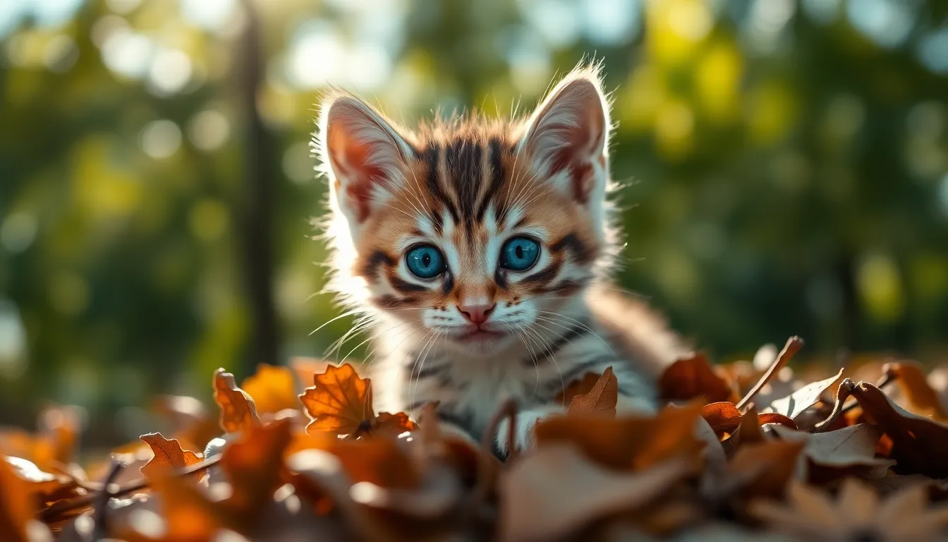 Adorable Kitten Among Autumn Leaves An adorable kitten with striking blue eyes nestled among autumn leaves, captured with dappled sunlight filtering through the trees. The selective focus draws attention to its captivating gaze while the surrounding foliage blurs into a beautiful bokeh. This tranquil scene highlights the warm, muted colors of fall, enhancing the kitten's delicate features.