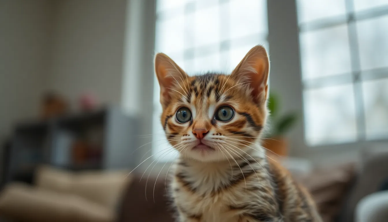 A curious kitten gazes intently out of a large window, surrounded by soft, diffused daylight. The focus on its expressive eyes draws the viewer in, making it the centerpiece of this serene domestic scene. The muted color palette adds a calming effect, while the intricate details of the kitten's fur are highlighted against the soft, blurred background, creating a photorealistic portrait filled with warmth.