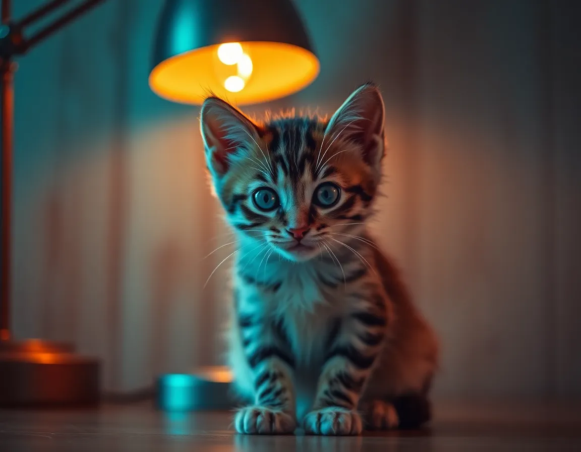 A serene scene featuring a kitten comfortably seated beneath a warm tungsten lamp. The selective focus captures the kitten's captivating eyes, while the softly blurred background adds depth. The warm glow enhances the rich textures of the wooden backdrop, creating a cozy atmosphere. The cinematic color grading renders a dreamy yet intimate vibe, perfect for cozy evenings.