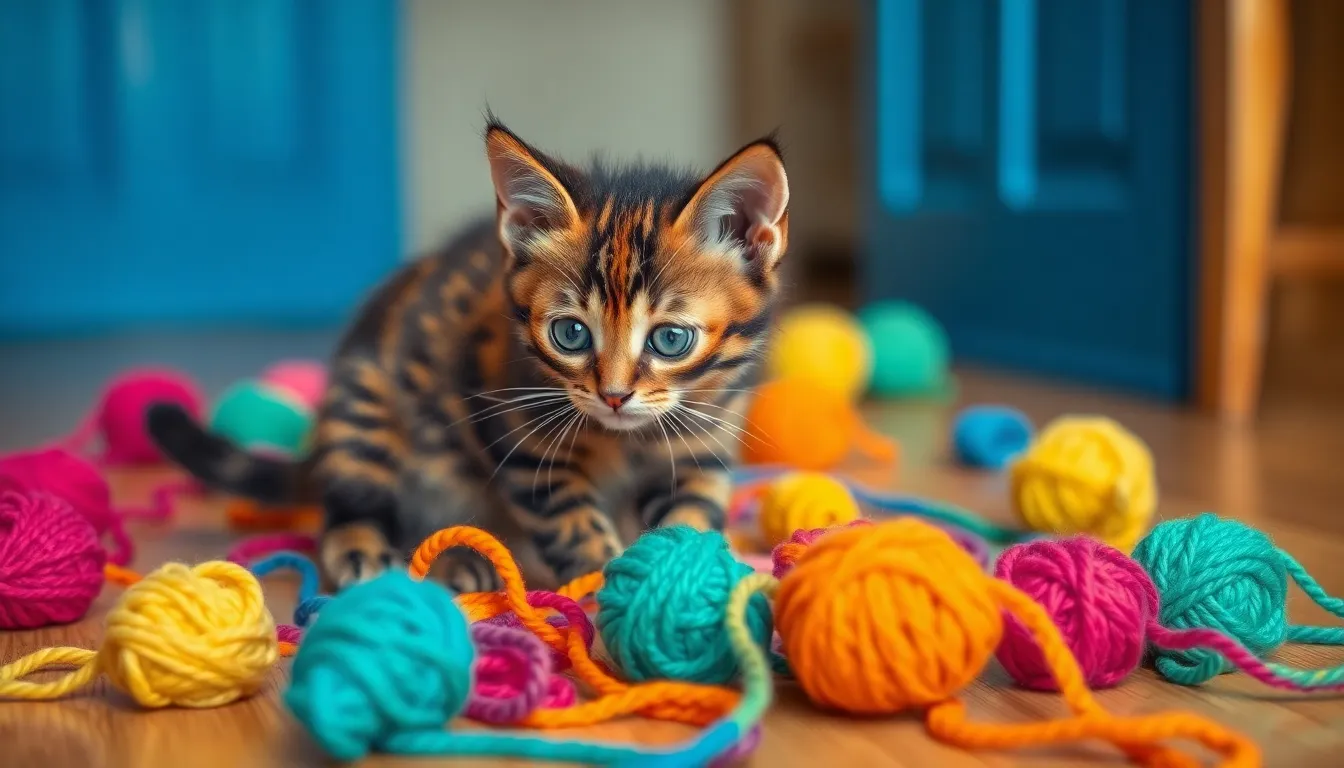 A vibrant tortoiseshell kitten energetically plays with an array of colorful yarn balls on polished hardwood flooring. The bright studio lighting captures the rich textures of the kitten's fur and the vivid yarns, creating a dynamic scene. The playful composition, combined with the kitten's lively interaction, evokes a sense of joy and energy.
