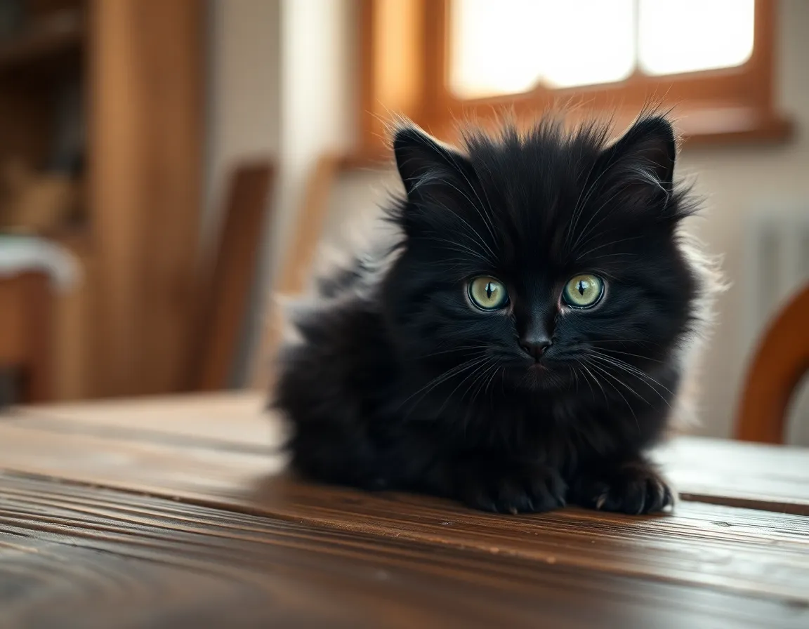 A fluffy black kitten poses adorably atop a rustic wooden table, capturing the warmth and charm of home life. Soft, diffused daylight from the window highlights the kitten's striking green eyes and plush fur, creating an inviting atmosphere. The textured wooden surface adds an organic feel, enhancing the overall composition. This image is a delightful portrayal of a kitten's elegance and beauty in a cozy setting.