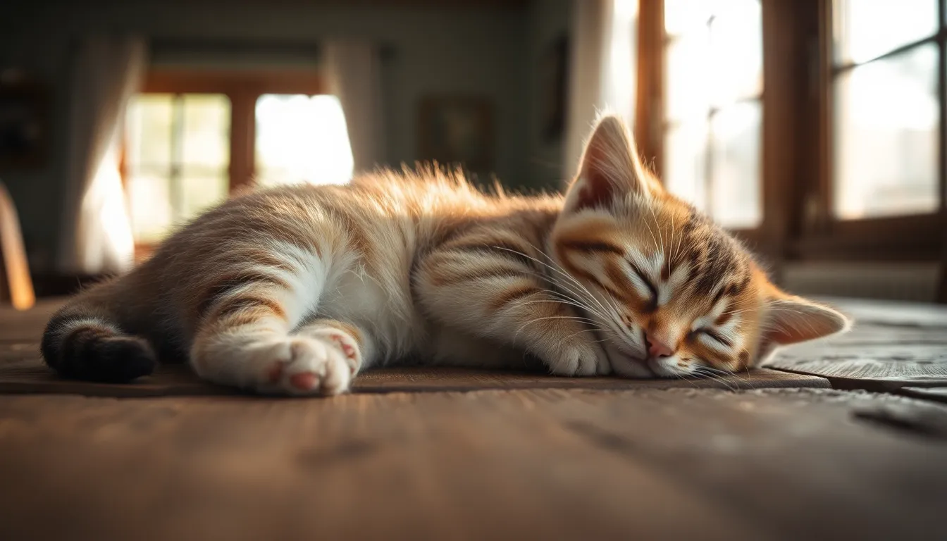 In this peaceful scene, a sleeping kitten sprawls across a weathered wooden table, bathed in soft morning light that filters through nearby windows. The gentle glow enhances the natural muted tones of the kitten's fur, creating a serene atmosphere. Every detail is captured with stunning clarity, from the kitten's delicate whiskers to the textures of the wooden surface. The centered composition invites viewers to appreciate the tranquility and sweetness of this sleepy feline moment.