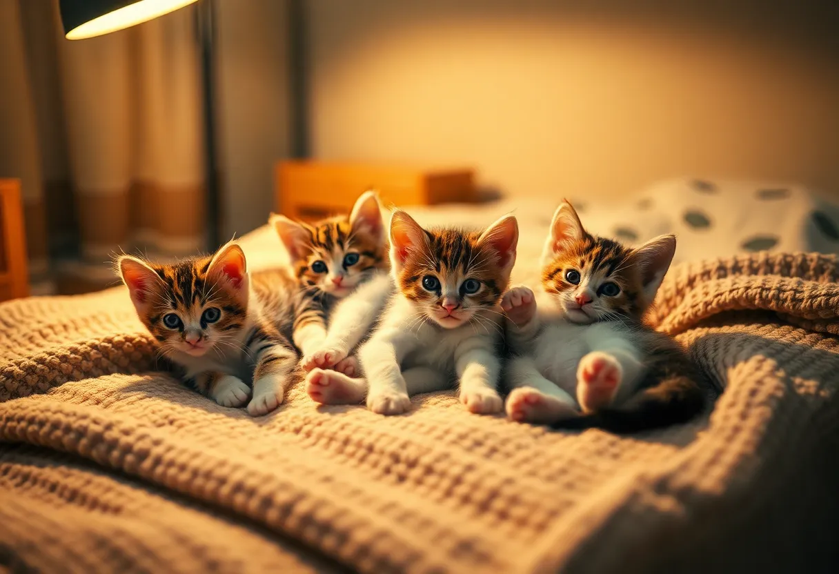 Group of Playful Kittens on Cozy Blanket