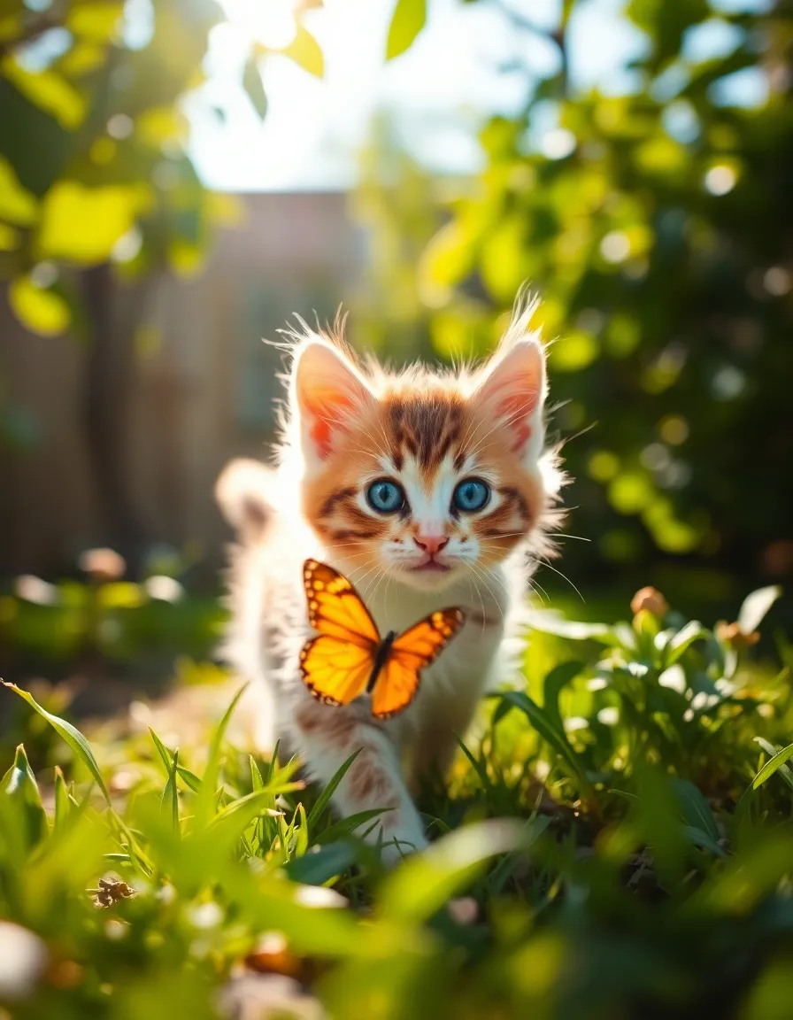 This enchanting image captures a curious kitten playfully chasing a butterfly in a sunlit garden, bathed in warm, soft light. The dappled sunlight filtering through the leaves creates a magical ambience, highlighting the kitten's lively expression and fur texture. With a shallow depth of field, the butterfly dances in the foreground, enhancing the sense of movement and energy in the scene. The rich greens and yellows of the garden evoke a vibrant summer mood, perfect for showcasing the joy of playfulness in kittens.