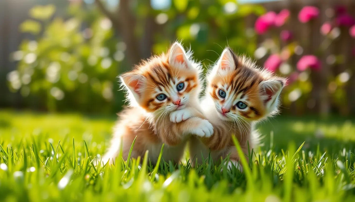 Kittens Playfully Wrestling in Garden Two fluffy kittens are playfully wrestling in a sunlit garden. The morning light highlights their bright fur, contrasting beautifully with the lush green grass. The scene captures a joyful moment, showcasing the kittens' playful nature and vivid expressions. The soft bokeh of surrounding foliage adds a dreamy quality to the image, making it perfect for capturing the essence of childhood play in pets.