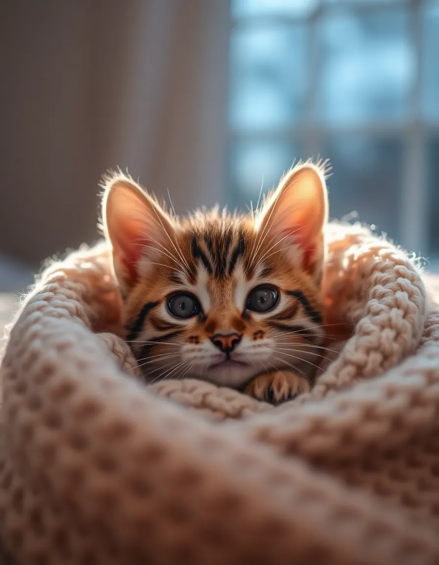 In a serene indoor setting, a tabby kitten finds comfort nestled in a soft, knitted blanket. The warm ambient light creates a gentle, inviting atmosphere, enhancing the kitten's captivating eyes and delicate features. This close-up captures the essence of tranquility and warmth, showcasing the intricate texture of the blanket and the natural beauty of the kitten. The centered composition draws the viewer's attention to the kitten, creating an intimate connection.