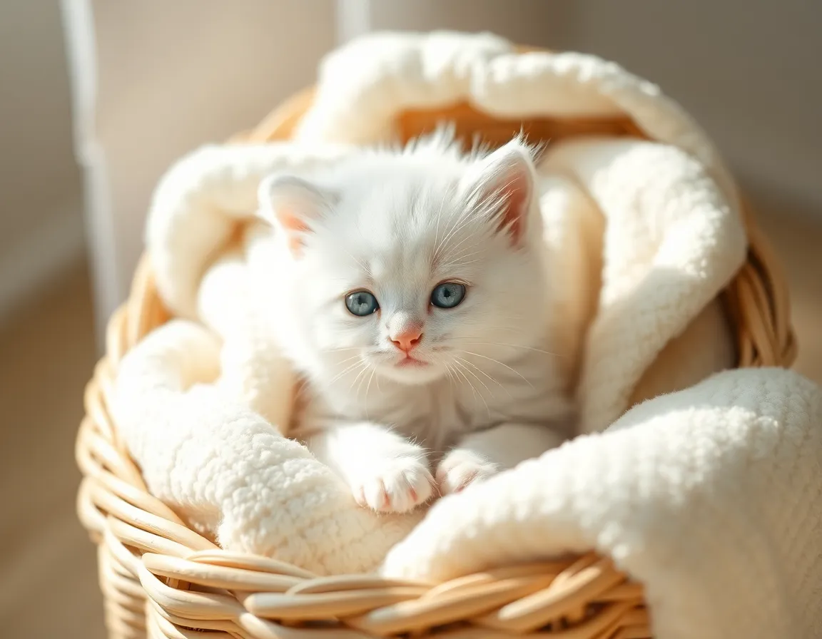 A fluffy white kitten is nestled comfortably in a woven basket, surrounded by soft blankets, basking in gentle sunlight. The soft diffused lighting enhances the kitten's delicate fur and innocent features, creating an intimate atmosphere. The subdued pastel palette further complements the serene mood of the image. This composition draws the viewer's eye directly to the adorable kitten, inviting feelings of warmth and comfort.