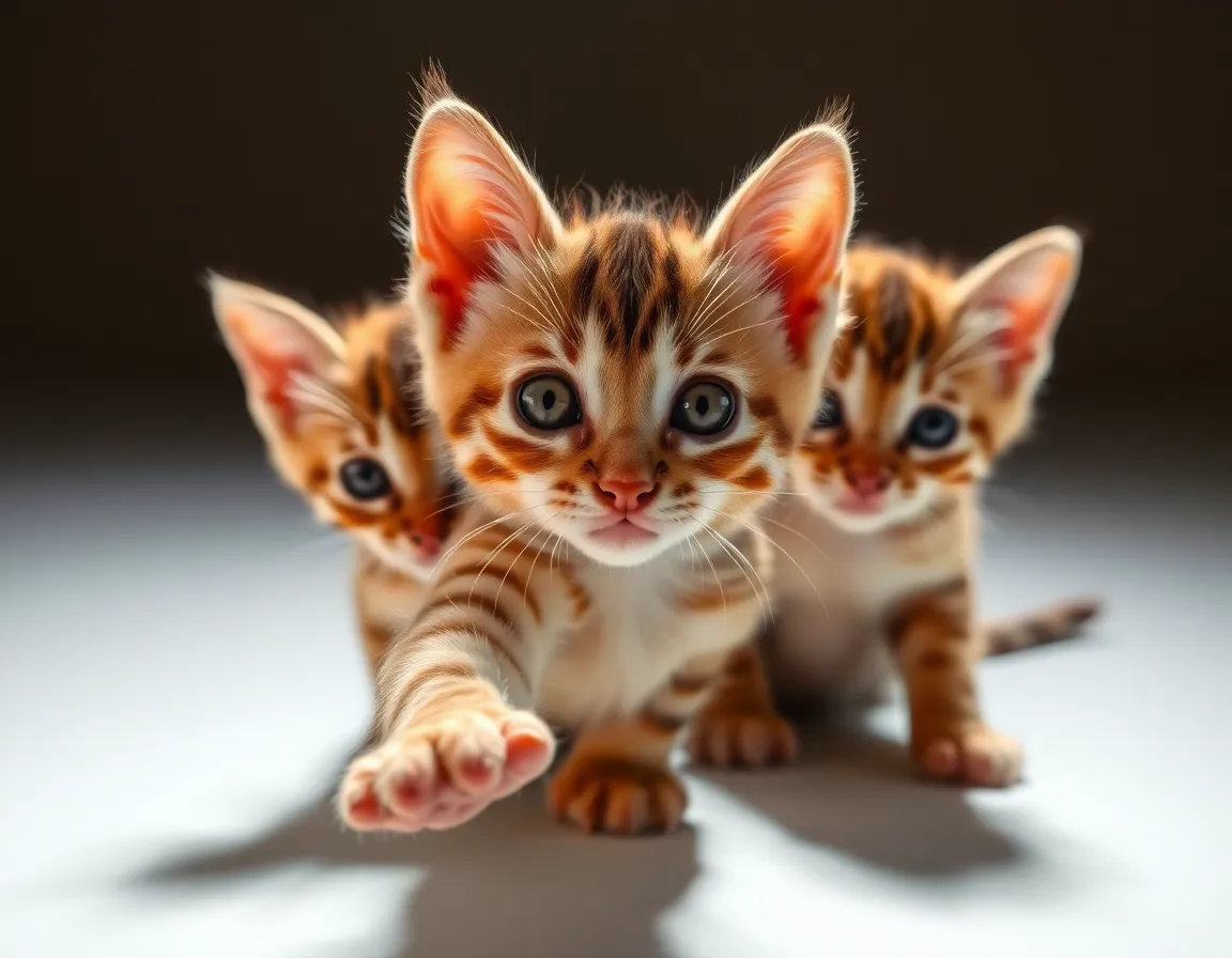 Playful Kitten Reaching Out in Studio A playful kitten reaches out towards the camera in a captivating studio setup. The butterfly lighting beautifully highlights its features and creates soft catchlights in its eyes, enhancing the lively expression. Rich brown and orange hues in the fur bring warmth to the image. Positioned using the rule of thirds, this dynamic composition captures the delightful spirit of pets and their curious nature.