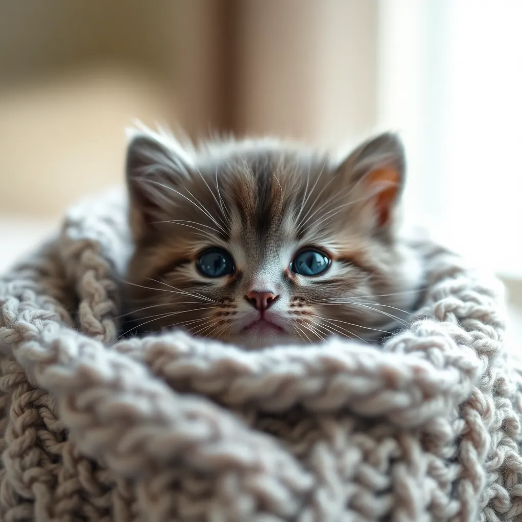 This heartwarming close-up showcases a fluffy gray kitten snuggled in a soft, knitted blanket. The warm, diffused light highlights the kitten's delicate features and fur texture, creating an intimate feel. The muted color palette enhances the serene atmosphere, making the viewer feel calm and cozy. The kitten's curious eyes and tiny nose draw the eye, inviting viewers to engage with its adorable expression.