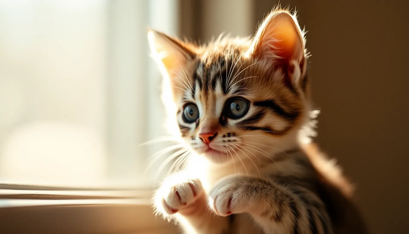 A cute, fluffy kitten sits by a sunlit window, gazing curiously outside. Its large, expressive eyes capture the warmth of the golden hour, surrounded by a soft, blurred background. The natural light creates gentle shadows on its furry face, enhancing its delightful features. The color palette reflects warm tones, adding to the inviting atmosphere of the scene.