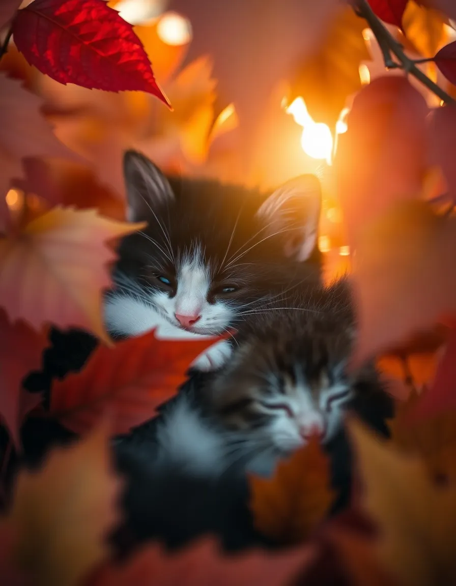 Black and White Kitten Curled in Autumn Leaves This intimate close-up image showcases a tiny black and white kitten nestled among colorful autumn leaves. Bathed in soft, warm light from the setting sun, the vibrant reds and oranges of the leaves create a stunning backdrop. The shallow depth of field accentuates the kitten's delicate fur texture, set against the blurred colors of autumn foliage. The cozy color palette and centered composition draw the viewer into this serene moment, capturing the beauty of nature and a playful spirit of a young pet.