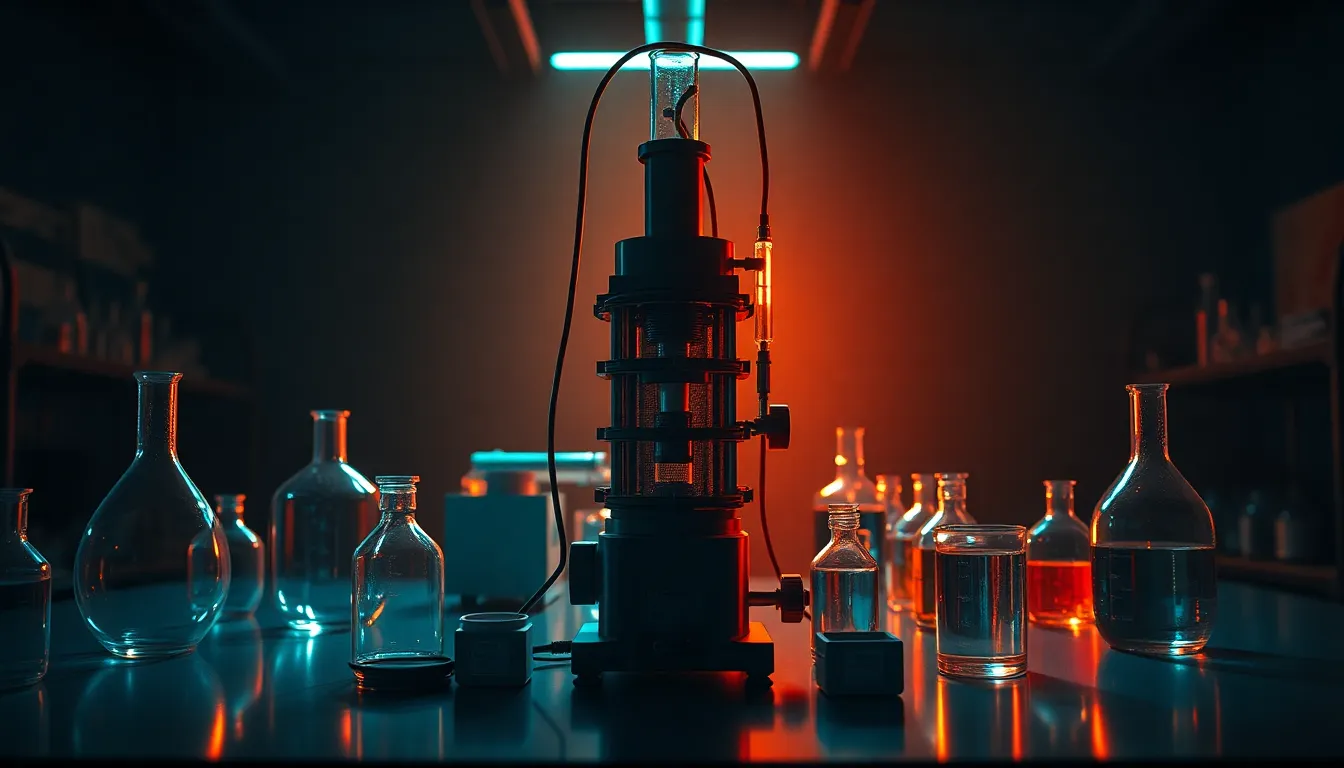 Intricate Laboratory Equipment Setup This striking image showcases a complex piece of laboratory equipment at the center, surrounded by an array of chemical glassware. The dramatic lighting casts strong shadows that evoke a sense of mystery and importance. The teal and orange color grading adds a cinematic feel, while the sharp focus emphasizes the details of the equipment and glassware, creating an engaging visual narrative about scientific exploration.