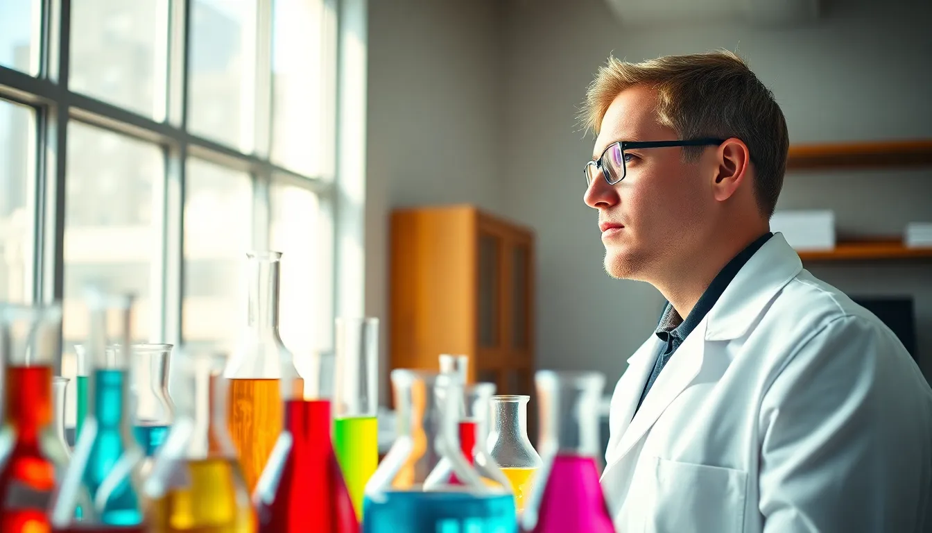 Scientist Working in Bright Laboratory A focused scientist in a white lab coat examines colorful solutions in glass beakers within a bright laboratory. Soft daylight pours in through large windows, enhancing the serene and vibrant atmosphere. The shallow depth of field draws attention to the intricate chemical colors, contrasting beautifully against the clean, white surfaces. This composition captures the essence of scientific exploration and curiosity.