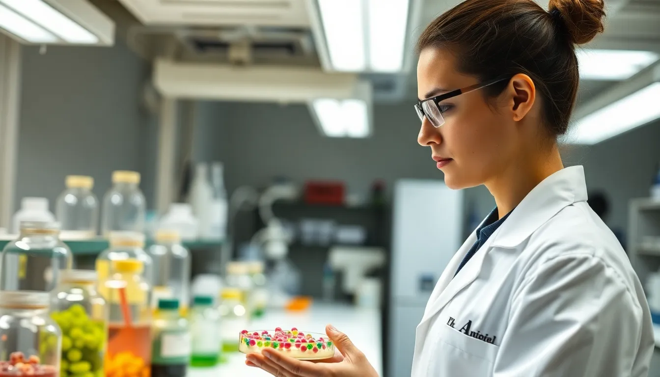 In a brightly lit laboratory, a focused scientist in a white lab coat examines a petri dish filled with colorful bacterial cultures. Illuminated by LED panels, the clean environment features neatly arranged glass jars and lab equipment in the background, creating an organized atmosphere. The soft focus allows viewers to appreciate the intricate details of the cultures while emphasizing the scientist's concentrated expression. The natural muted tones are beautifully contrasted by the vibrant colors of the bacterial growth, making this an eye-catching scientific scene.
