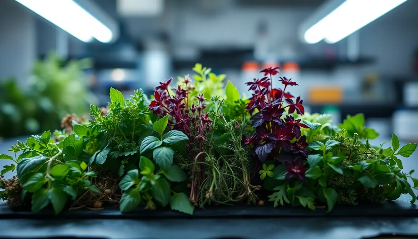An enticing macro shot of fresh herbs meticulously arranged in a laboratory setting, illuminated by bright fluorescent lights. The vibrant colors and textures of the herbs stand out against the dark slate background, creating a fresh and invigorating atmosphere. With a shallow depth of field, the focus is on the delicate details of each herb, while the background blurs softly. This image captures the essence of scientific exploration in the study of natural ingredients.
