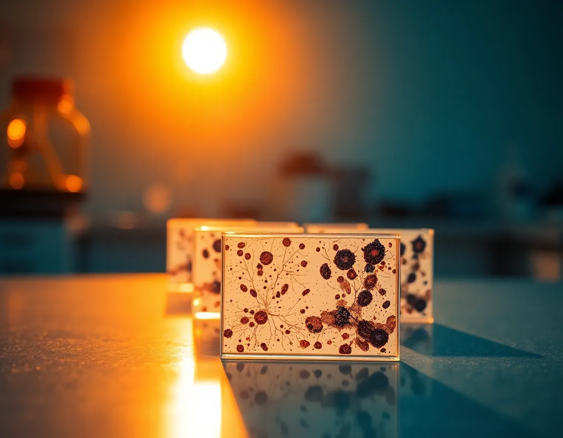 An intimate view of colorful microscopic slides displayed on a lab table, illuminated by warm golden hour lighting that casts a soft rim around the specimens. The teal and orange color grading adds a cinematic flair, enhancing the image's artistic quality. The macro perspective captures the intricate textures of the slides, while the background bokeh creates a serene and engaging atmosphere. This photograph highlights the delicate artistry of scientific observation.