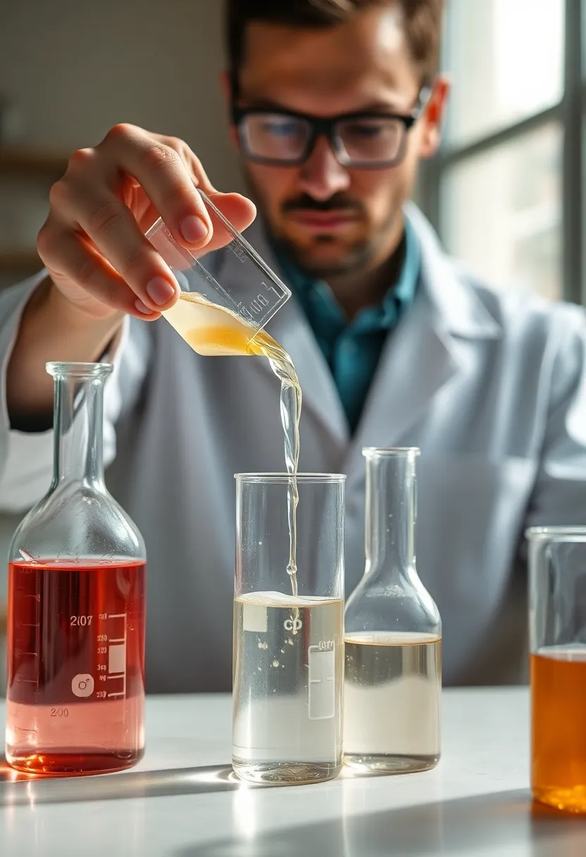 Scientist Conducting Experiments in Laboratory In this serene laboratory scene, a focused scientist is seen carefully pouring liquid from one beaker to another, illustrating the precision of their experiment. Soft daylight filters through frosted glass, providing a gentle illumination that enhances the natural muted tones of the environment. The composition follows the rule of thirds, guiding the viewer’s eye towards the focal point of the scientific process.