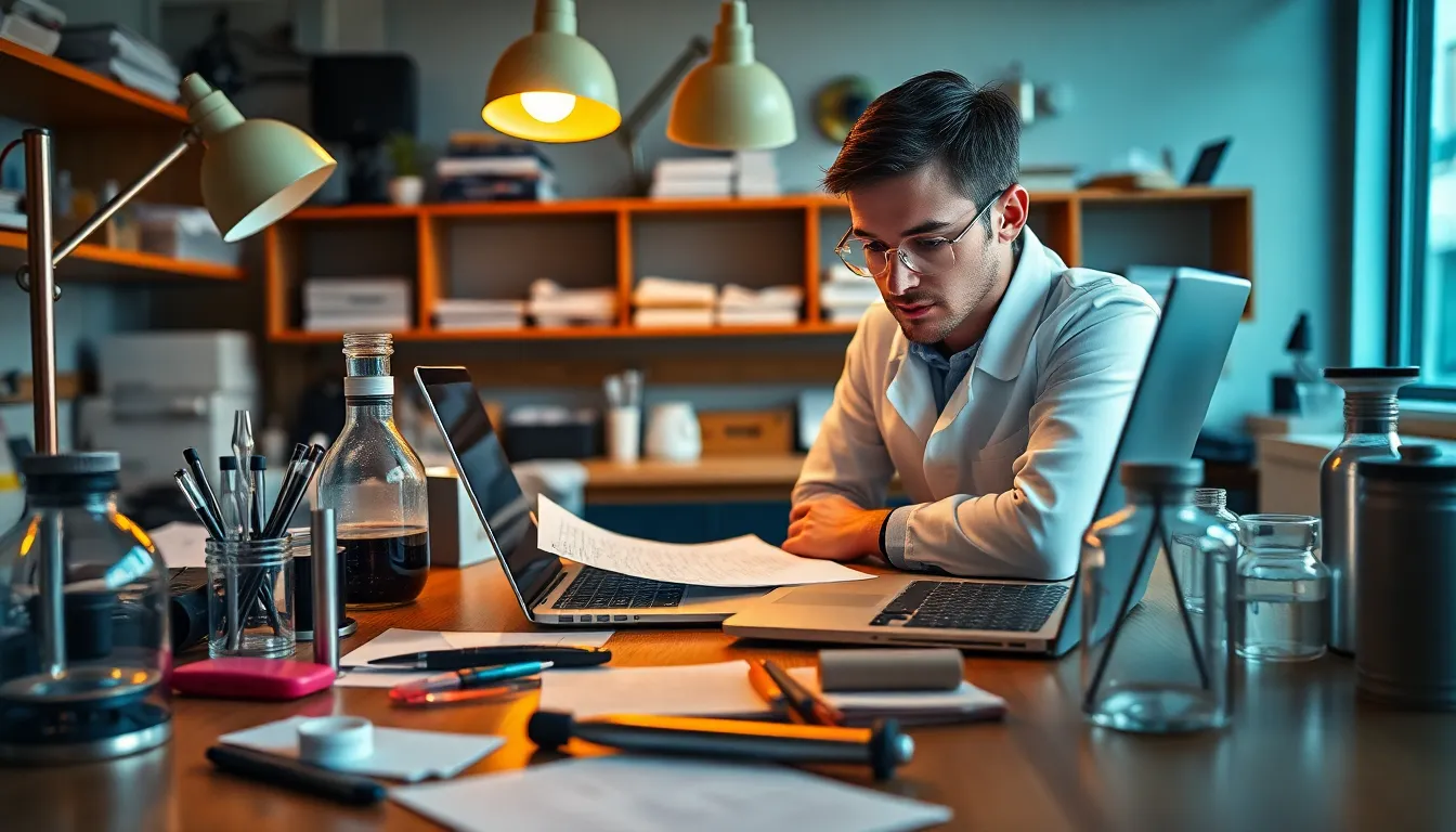 A carefully crafted image of a well-organized laboratory workspace, this photograph captures the essence of scientific diligence. Warm tungsten lighting creates a cozy atmosphere, illuminating the diverse array of instruments and tools neatly arranged on the wooden desk. The reflection of a thoughtful scientist on the laptop screen adds a personal touch, while the distinctive textures of materials enhance the overall composition. This image effectively conveys a sense of order and professionalism in the scientific field.
