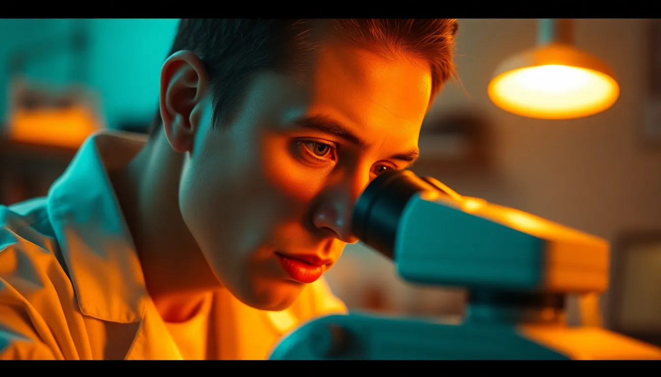 Dedicated Scientist Analyzing Samples Under Microscope A dedicated scientist intently analyzes samples under a microscope in a warmly lit laboratory. The dramatic lighting casts a golden hue over the scene, complemented by cinematic teal and orange tones that enhance the atmosphere. The focus on the scientist’s expression brings to life their dedication and attention to detail, while the soft bokeh in the background emphasizes their work. The composition draws the viewer's eye directly to the subject, capturing the essence of scientific discovery.