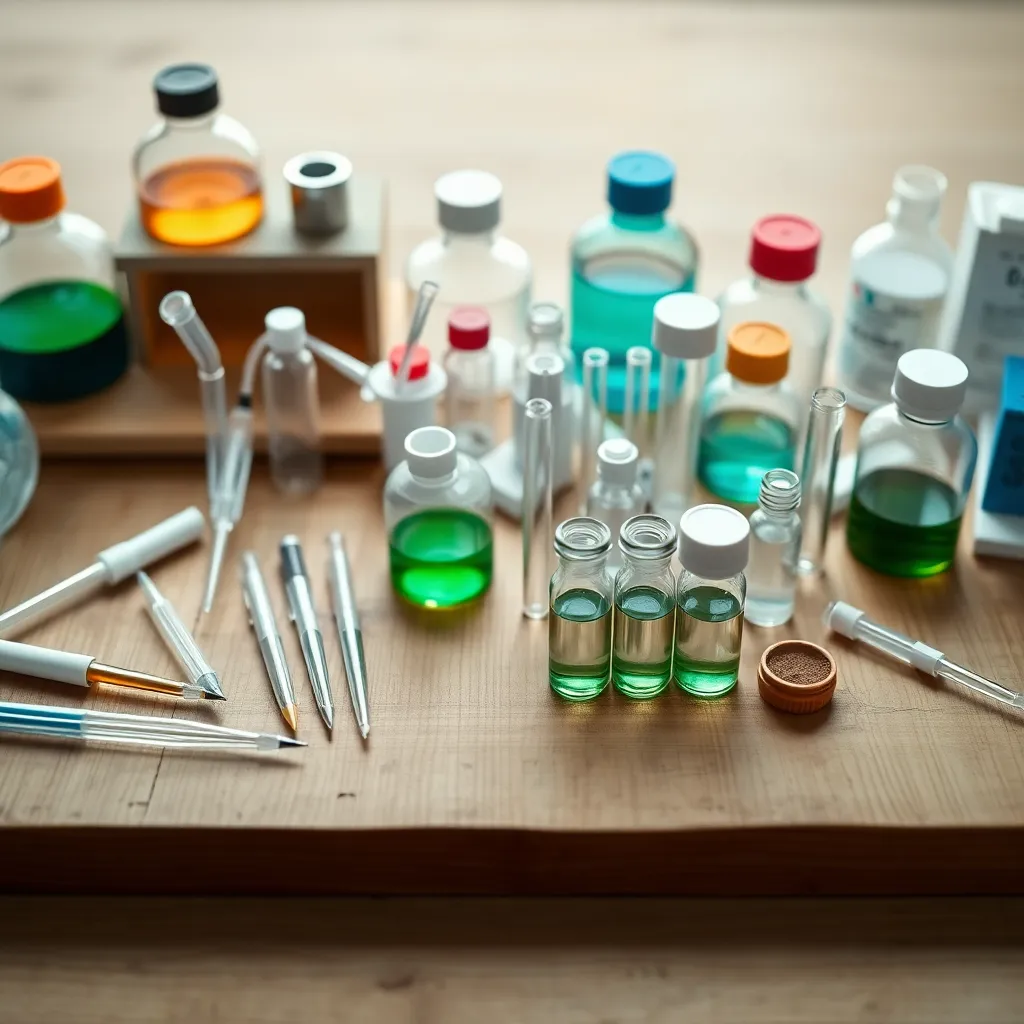A meticulously arranged flat lay of laboratory tools such as pipettes, test tubes, and chemical containers on a textured wooden surface. The overcast diffused daylight creates a soft illumination that highlights the details of each tool. The muted color palette enhances the organic feel, while the carefully crafted composition adheres to the rule of thirds for a balanced appearance. The subtle depth of field adds an aesthetic touch, inviting exploration of the scientific instruments.