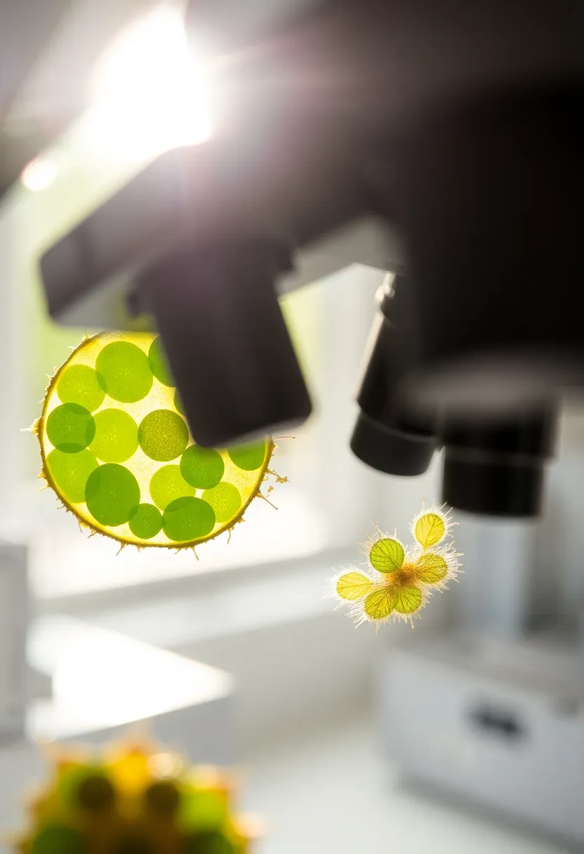 Intricate Plant Samples Under Microscope in Lab This captivating macro shot takes viewers into the microscopic world, focusing on vibrant plant samples under a laboratory microscope. Natural daylight illuminates the scene, creating a bright and refreshing atmosphere that highlights the rich greens and subtle earth tones of the samples. The selective focus emphasizes the intricate textures and colors, drawing attention to the beauty of nature at a cellular level. The composition elegantly showcases the dynamic shapes of the cells, inviting curiosity and wonder about the hidden world of plant life.