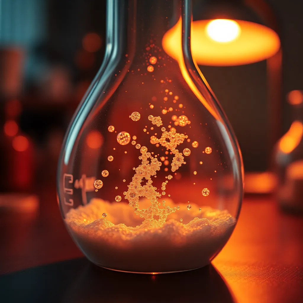 Close-Up of Chemical Reaction in Beaker A mesmerizing close-up captures a chemical reaction in a beaker, illuminated by the warm glow of tungsten lighting. This macro shot highlights vibrant colors and intricate patterns formed by the bubbling substances. The shallow depth of field creates a dreamy effect, drawing the viewer’s eye to the captivating center of the reaction while surrounding elements softly fade away. This photograph embodies the wonders of chemistry in action.