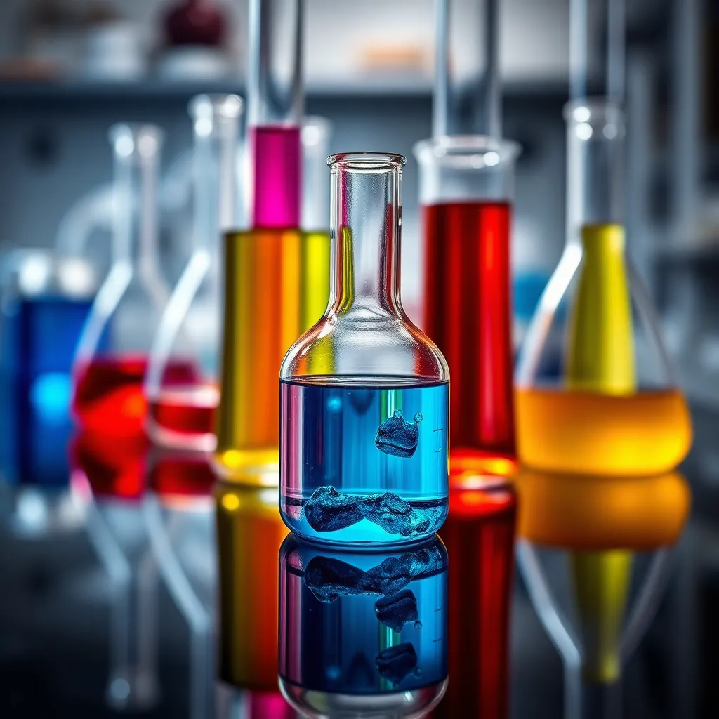 This breathtaking close-up captures an array of chemical glassware filled with vibrant liquids, placed on a sleek black lab bench that enhances the colors. Soft studio lighting creates delicate highlights, allowing the textures of the glass and the brilliance of the liquids to shine. The shallow depth of field elegantly isolates the glassware, while a rich Fujifilm color palette amplifies the saturation for an engaging visual experience. This image embodies the captivating artistry found in scientific exploration.