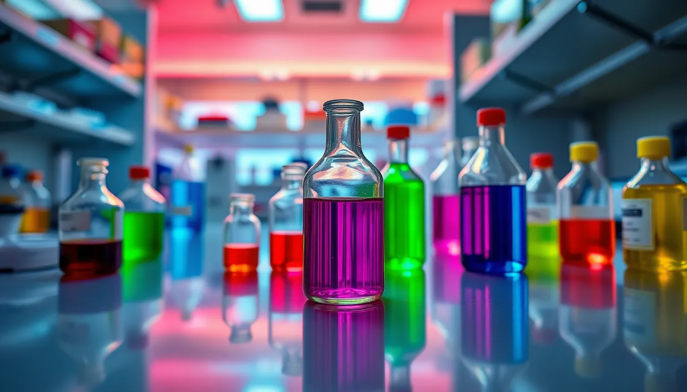 Colorful Laboratory Reagents Display This striking image displays a vibrant array of colorful reagents neatly arranged on a glossy laboratory surface. The dynamic fluorescent lighting creates reflections that enhance the vivid colors of the reagents, presenting a visually captivating scene. The shallow depth of field ensures the focus remains on the colors and textures of the reagents, inviting curiosity about the experiments they will undergo.