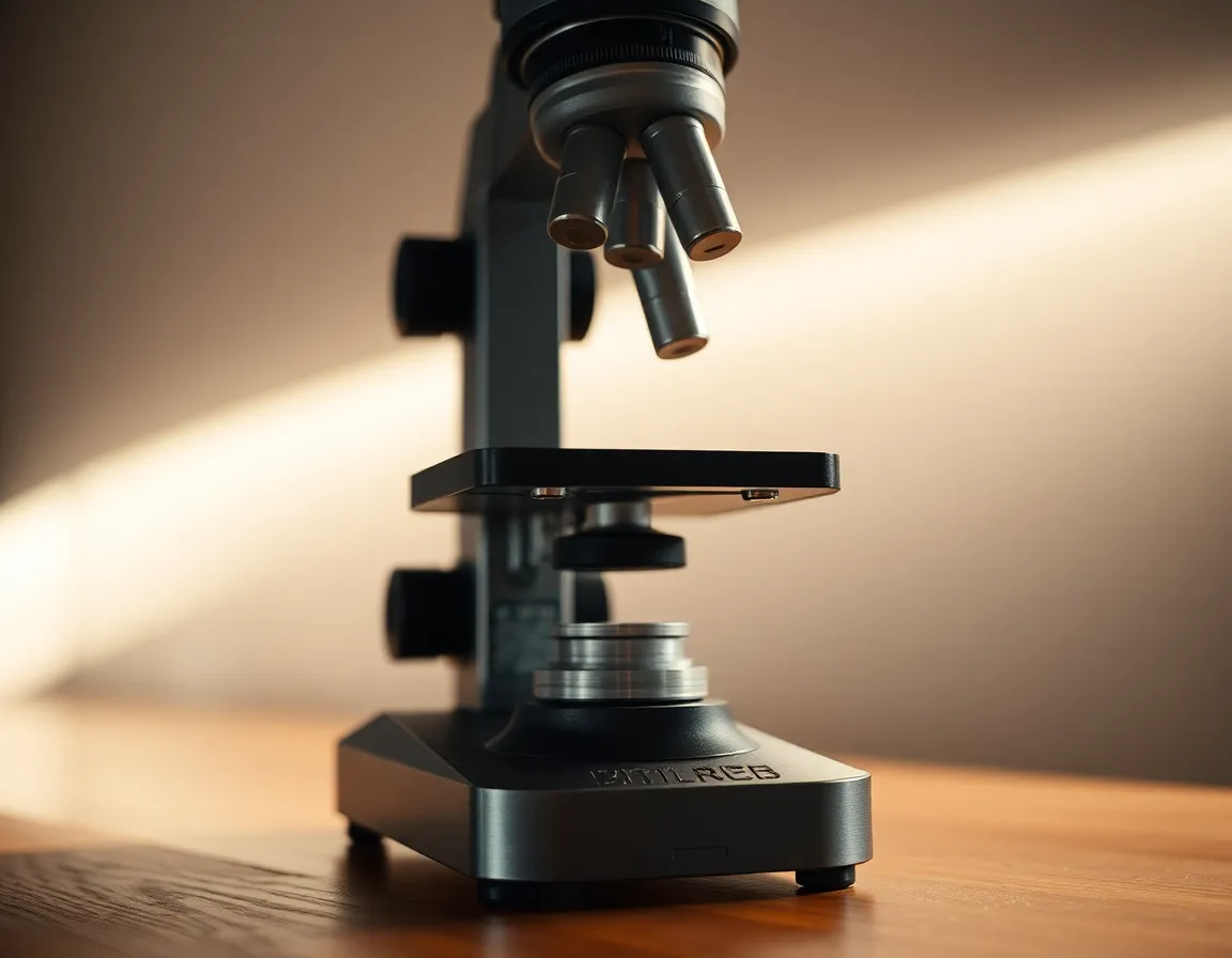 Detailed View of Laboratory Microscope on Wood This exquisite image presents a laboratory microscope poised on a clean wooden table, illuminated by soft, diffused studio lighting. The gentle illumination enhances the craftsmanship of the microscope, showcasing its sleek metal and glass surfaces. The background blurs into a warm glow, drawing attention to the intricate details of the instrument. The composition skillfully combines symmetry and leading lines to create a visually appealing representation of scientific tools, inspiring a sense of curiosity about the world of microscopy.