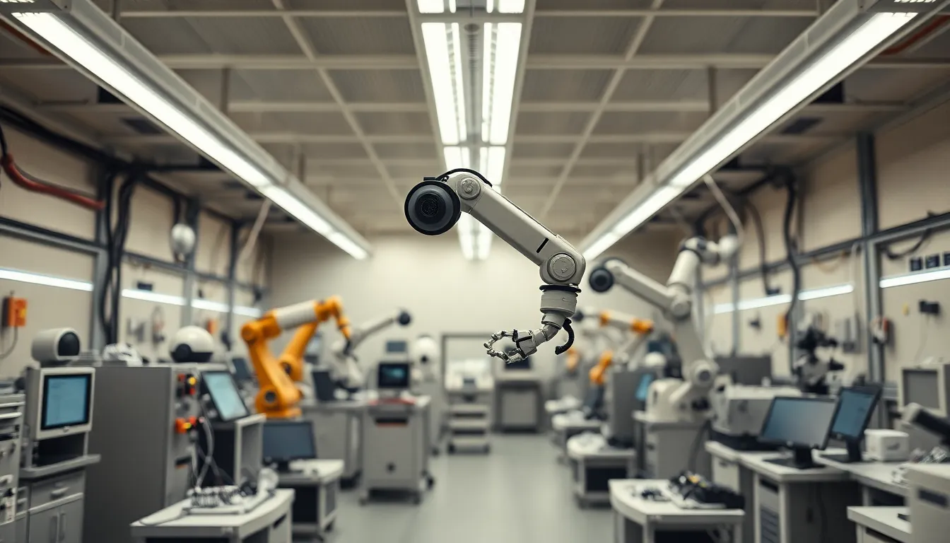 Robotics Lab with Advanced Technology A modern robotics lab is captured in stunning detail, showcasing sleek equipment and robotic arms at work. Overhead fluorescent lights create a bright, clinical environment while the muted color palette lends a professional feel. The tilt-shift effect adds a unique dimension, making the entire scene appear like a miniature model. This composition emphasizes the precision and innovation of contemporary technology in a laboratory setting.