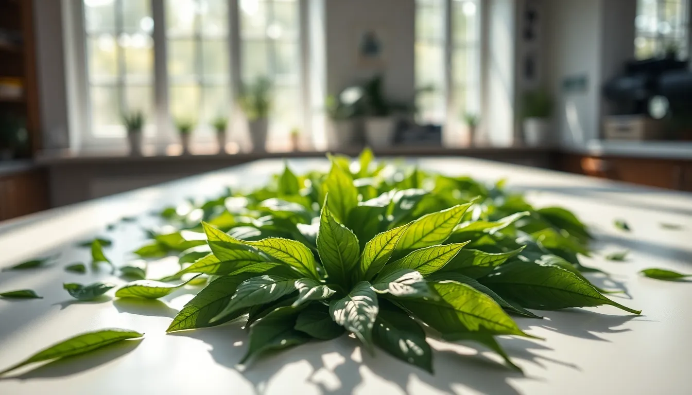 Plant Samples Carefully Arranged for Lab Analysis An elegant arrangement of plant samples on a laboratory table, bathed in dappled sunlight. The moisture on the leaves captures light beautifully, creating a fresh and vibrant focal point. The composition centers around the samples, with soft shadows enhancing their shape and texture. The natural muted tones contribute to an organic feel, immersing viewers in the world of botanical analysis while showcasing the delicate beauty of nature in a scientific context.