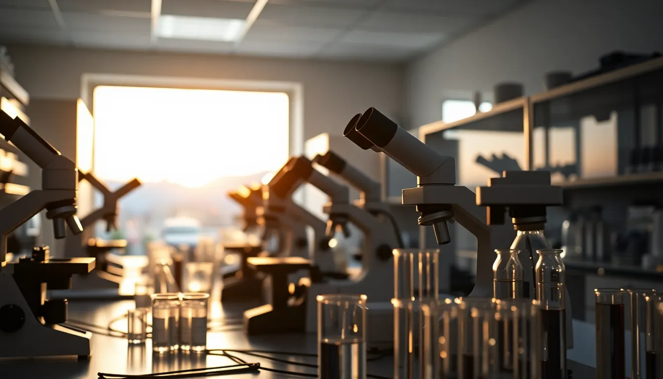Evening in a High-Tech Laboratory An array of lab instruments is artistically arranged in a high-tech laboratory during evening hours. Natural light filters in, casting soft shadows and warming the whole scene. The image captures a rich depth of field, emphasizing both the intricate details of the instruments and the tranquil twilight outside. This composition beautifully illustrates the intersection of science and serenity at the close of a productive day.