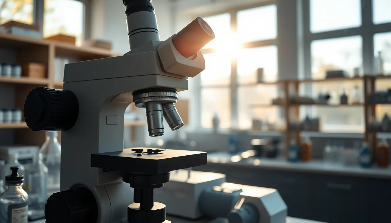 Microscope and Equipment in Laboratory This captivating image features a microscope and laboratory equipment illuminated by warm morning sunlight pouring through large windows. The natural light highlights the fine details of the tools while casting gentle shadows that create depth. Utilizing a macro lens, all elements of the scene are perfectly in focus, showcasing the precision of laboratory life. The thoughtfully composed image balances cool greys with warm colors, embodying a harmonious scientific workspace.