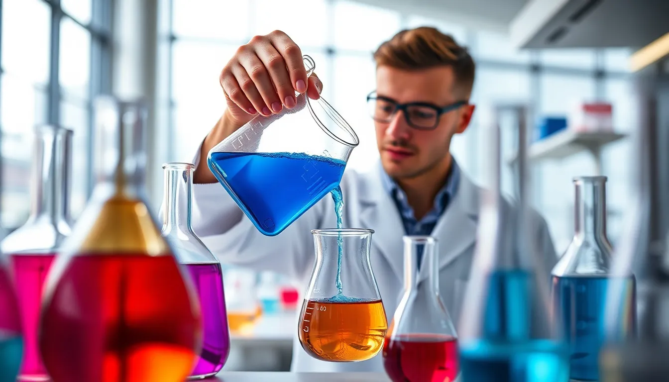 A scientist in a crisp white lab coat is focused on pouring a vivid blue liquid into a glass beaker amidst a high-tech laboratory. The soft, diffused daylight filters through large windows, illuminating the array of colorful solutions. The scene conveys a sense of precision and experimentation, with glass surfaces reflecting light beautifully. The composition uses leading lines from lab benches to emphasize the action, while the texture of the glass and liquids create a dynamic visual interest.