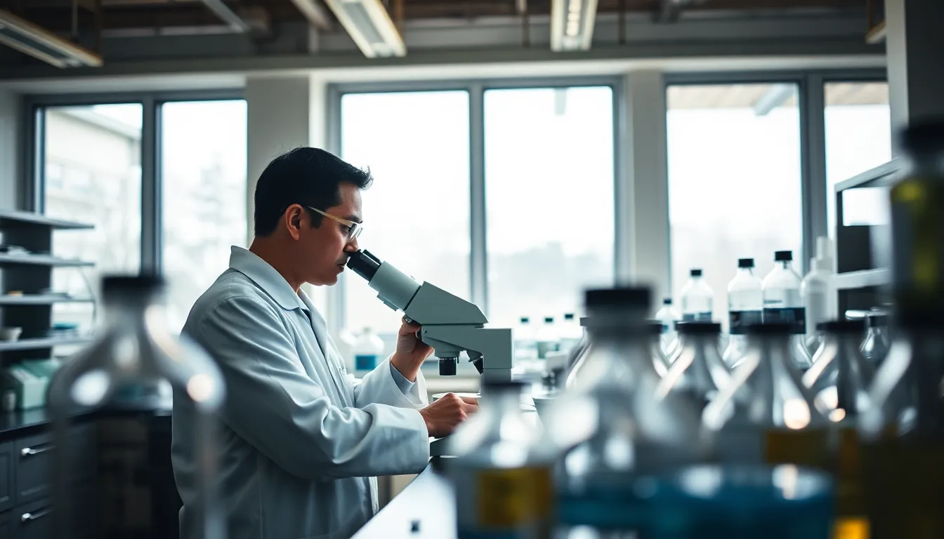 This image features a dedicated scientist examining samples under a microscope in a modern laboratory. Bathed in soft, diffused daylight, the lab exudes a clean and focused atmosphere. The image is composed using the rule of thirds, highlighting the scientist's intense concentration amidst an array of sophisticated lab equipment. The natural muted tones and polished surfaces create a harmonious balance, ideal for illustrating themes of scientific inquiry and discovery.