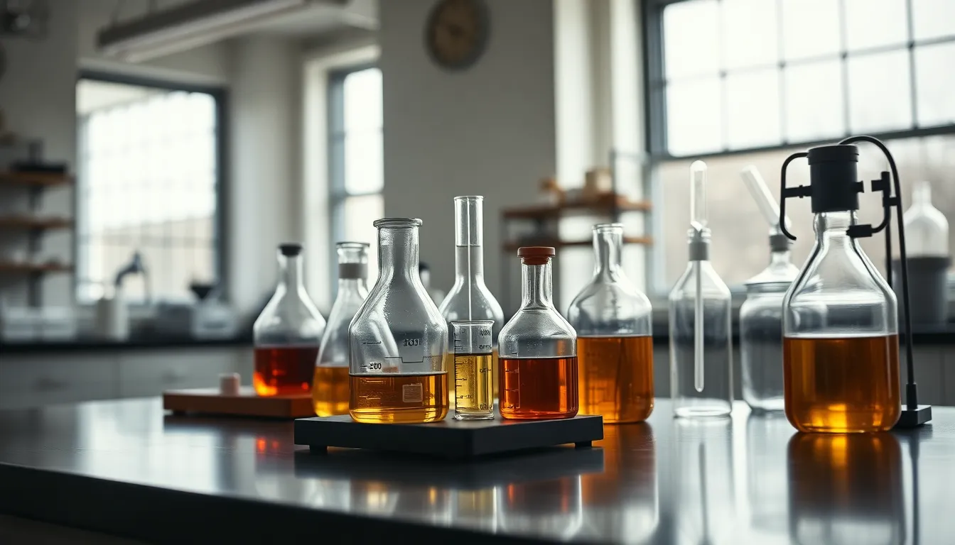 Modern Laboratory Setup with Scientific Equipment A vibrant modern laboratory showcases an array of scientific equipment meticulously arranged on a polished lab table. Bright, diffused daylight pours in through large windows, enhancing the clarity and detail of the glass beakers and pipettes. The image captures a sense of organization and professionalism, highlighted by natural muted tones throughout the scene, emphasizing the importance of precision in scientific research.