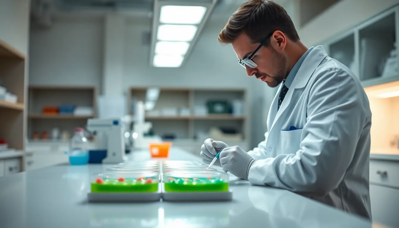A focused microbiologist examines colorful petri dishes under bright overhead LED lights in a modern laboratory. The clean white lab bench reflects the vibrant colors of the samples, creating a clinical yet engaging atmosphere. Shot with a shallow depth of field, the background softly blurs, emphasizing the scientist's keen attention. Cool tones dominate the scene, offering a sense of professionalism and precision in scientific exploration.
