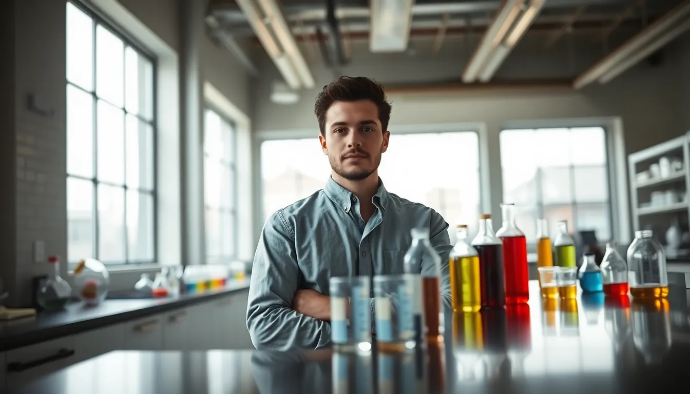 Scientist Conducting Experiment in Modern Lab A focused scientist in a white lab coat carefully measures liquid into a beaker against a backdrop of modern laboratory equipment. The soft, diffused natural light filtering through the windows adds a serene atmosphere to the scene. Rich colors of liquids and glassware contrast against the sleek stainless steel surfaces, creating a vibrant yet muted color palette. The composition emphasizes the scientist's meticulous work through the use of shallow depth of field.