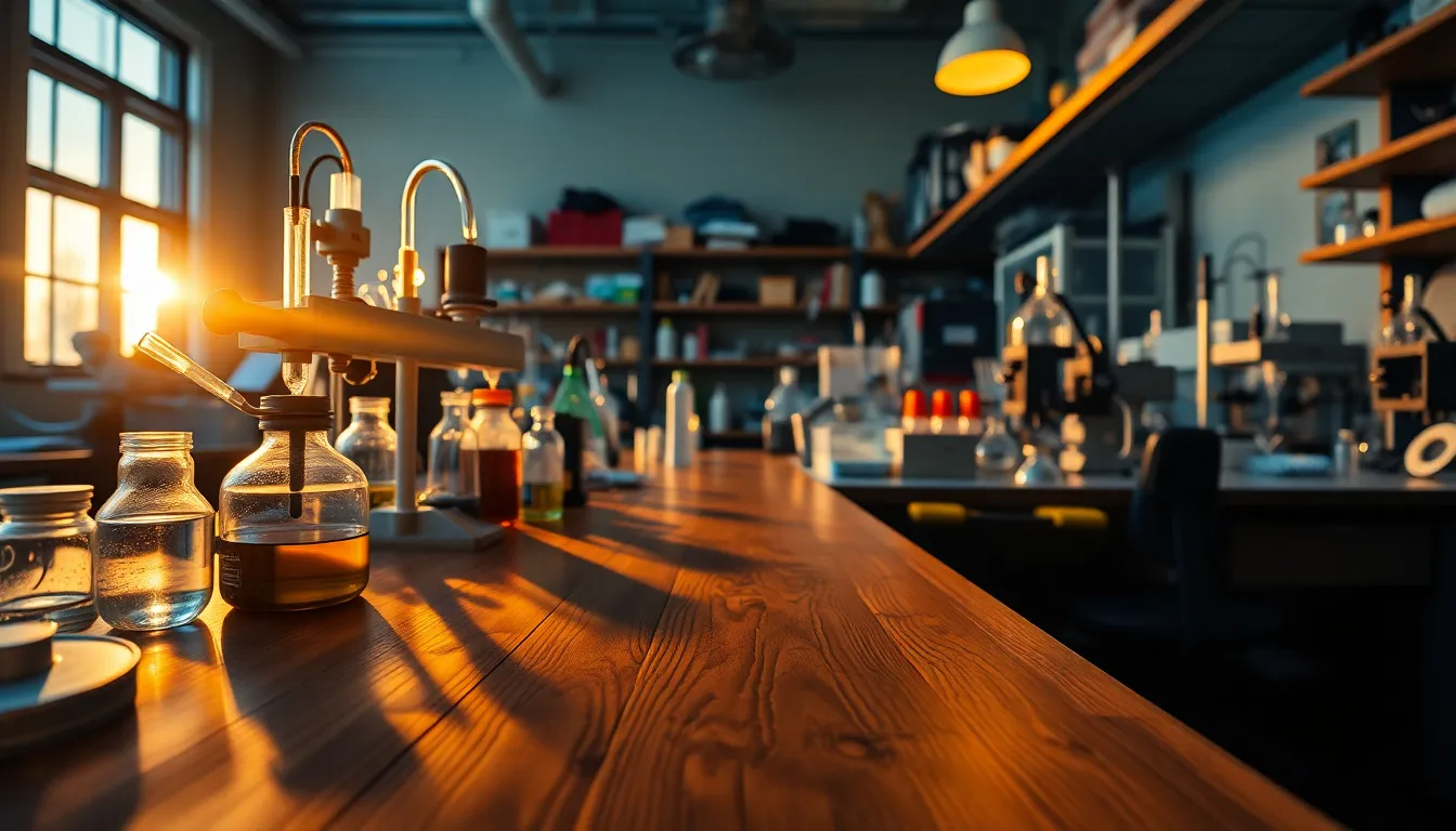 Overview of a Lab with High-Tech Equipment An expansive view of a bustling laboratory filled with advanced scientific equipment, illuminated by a warm golden hour glow. The warm rim light creates a dynamic environment, while the deep colors of the setting evoke an energized ambiance. The natural wood table contrasts beautifully with the polished metal instruments, inviting viewers to explore the intricate details. The composition utilizes leading lines, guiding the eye towards the focal area of the lab, rich with scientific curiosity.