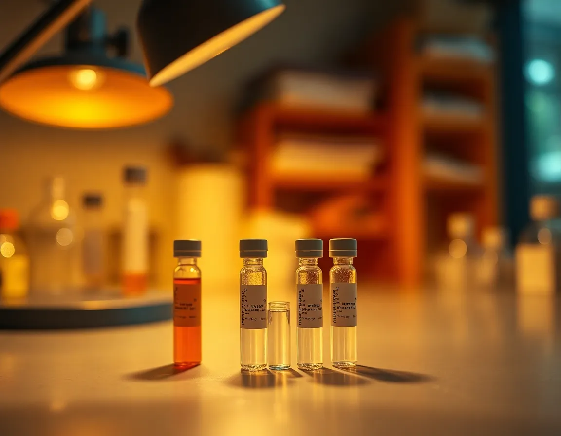 Detailed View of Laboratory Sample Vials This macro shot captures the intricate details of laboratory sample vials elegantly arranged on a textured lab countertop. A warm tungsten lamp casts a soft glow, enhancing the colors and textures of the vials. The image utilizes selective focus, creating a beautiful bokeh effect in the background, drawing attention to the meticulous arrangements and inviting a sense of curiosity about the scientific experiments contained within.