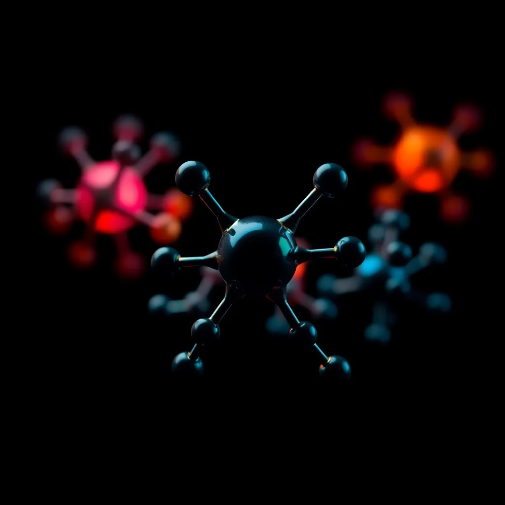 This striking macro image showcases colorful chemical molecular models set against a dramatic black background. Low-key studio lighting emphasizes the intricate details of each model, creating a stunning contrast with vibrant colors. The shallow depth of field brings attention to the structures while blurring distractions, resulting in a captivating focus on scientific design and form. Ideal for illustrating modern chemistry and molecular biology.