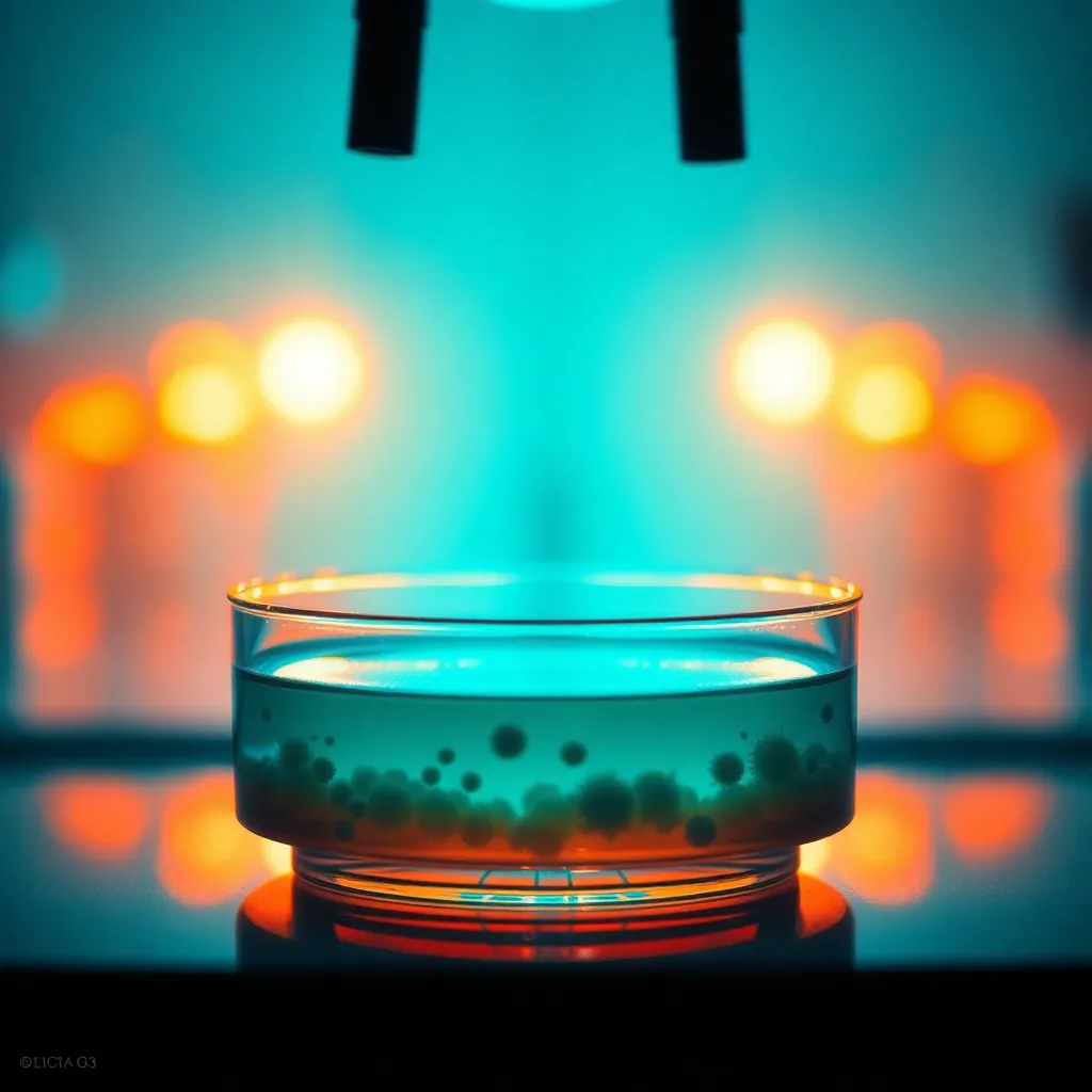 Close-Up of Petri Dish in Laboratory Setting This close-up view of a petri dish showcases intricate cellular structures illuminated by dramatic backlighting in a laboratory setting. The shallow depth of field creates a soft glow around the dish, enhancing the focus on the experiment. The cinematic teal and orange color grading adds a striking contrast, immersing the viewer in the captivating world of biological research.