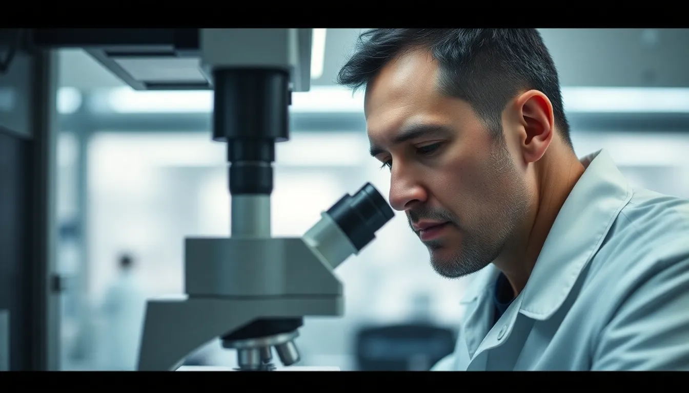 Lab Technician Examining Samples Under Microscope