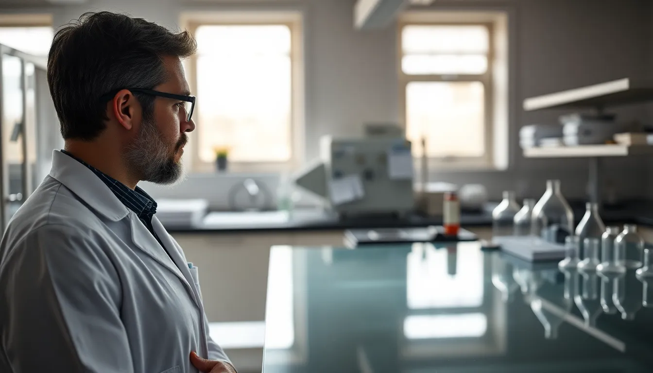 Scientist Working in a Modern Lab In this image, a scientist in a white lab coat is intently analyzing samples at a sleek glass countertop. The soft overcast light creates a calming atmosphere, with natural colors that emphasize the laboratory's high-tech environment. The scene is composed with the scientist positioned to the left, drawing attention to the intricate equipment around them, while the background blurs softly into abstract shapes, enhancing focus on the subject.