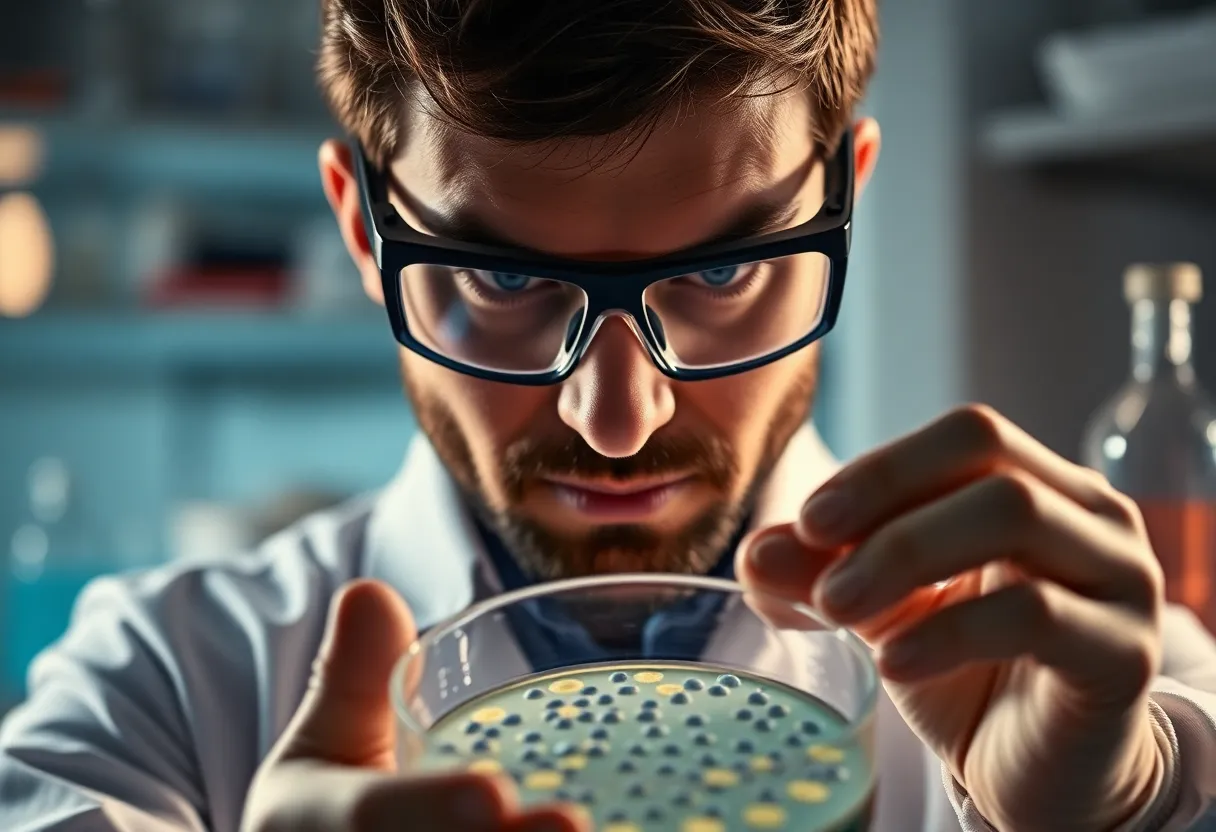 Lab Technician Analyzing Bacterial Cultures A lab technician in safety goggles carefully examines a petri dish containing vibrant bacterial cultures under softbox lighting. The Rembrandt lighting creates dramatic shadows that enhance the subject's features and the colorful cultures. The photograph, rich in saturation, conveys precision and focus, while the centered composition emphasizes the importance of the technician's work in the lab environment.